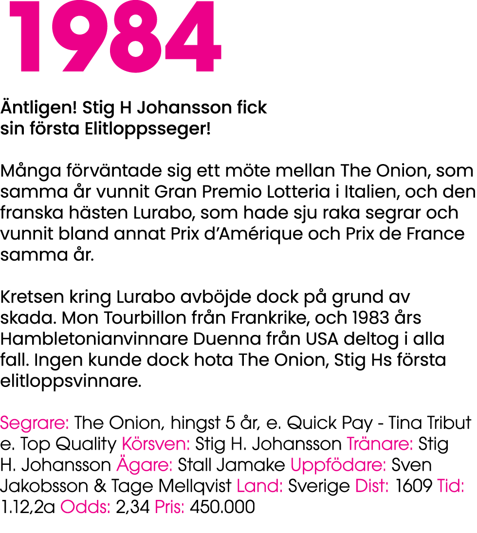 1984 ntligen! Stig H Johansson fick sin f rsta Elitloppsseger! M nga f rv ntade sig ett m te mellan The Onion, som s...