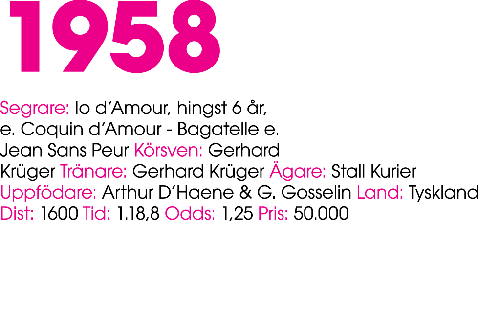 1958 Segrare: Io d’Amour, hingst 6 r, e. Coquin d’Amour Bagatelle e. Jean Sans Peur K rsven: Gerhard Kr ger Tr nare:...