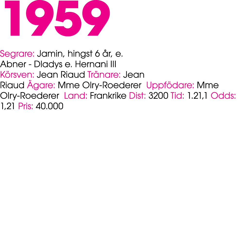 1959 Segrare: Jamin, hingst 6 r, e. Abner Dladys e. Hernani III K rsven: Jean Riaud Tr nare: Jean Riaud  gare: Mme O...