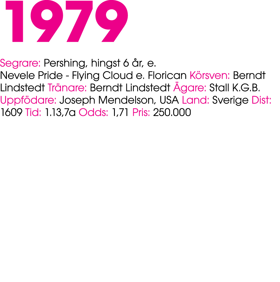 1979 Segrare: Pershing, hingst 6 r, e. Nevele Pride Flying Cloud e. Florican K rsven: Berndt Lindstedt Tr nare: Bern...