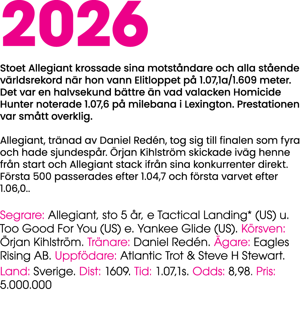 2026 Stoet Allegiant krossade sina motst ndare och alla st ende v rldsrekord n r hon vann Elitloppet p 1.07,1a/1.609...